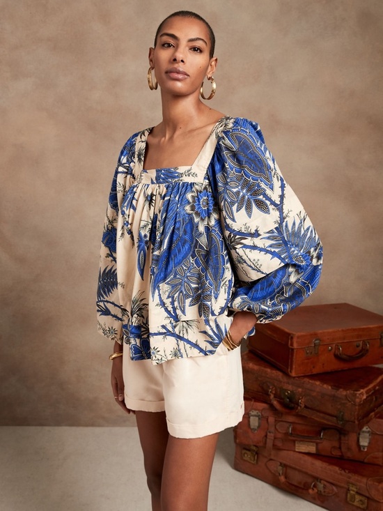 Banana Republic Tops - Banana Republic square neck tropical floral print 100% cotton blouse size medium